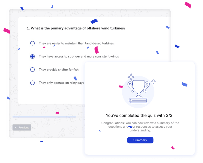 Showell Learning Management System snapshots showing a sample question and quiz completion notification
