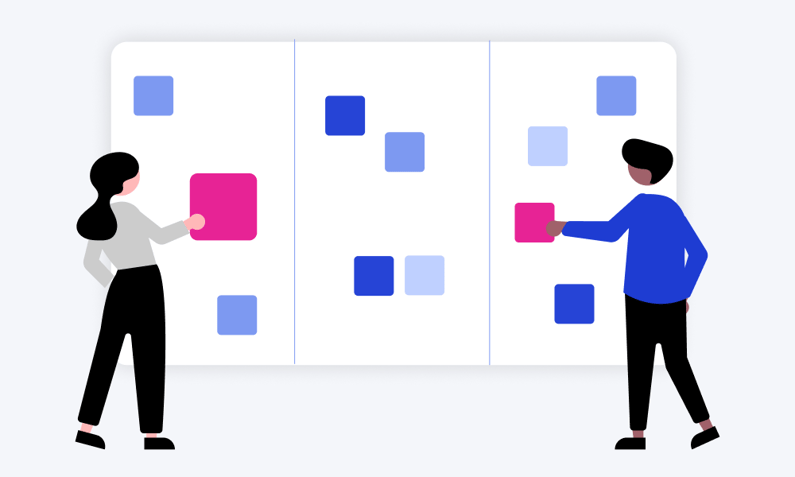 Illustration of marketers sorting sticky notes on a white board