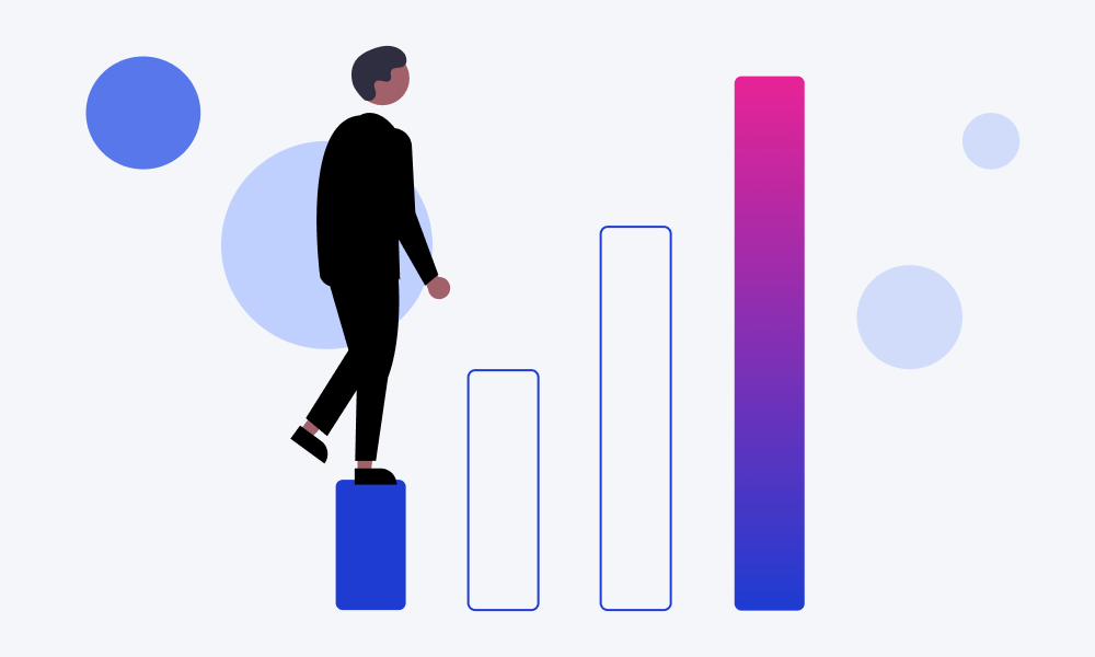 Sales Leader walking on graph bars to depict progress