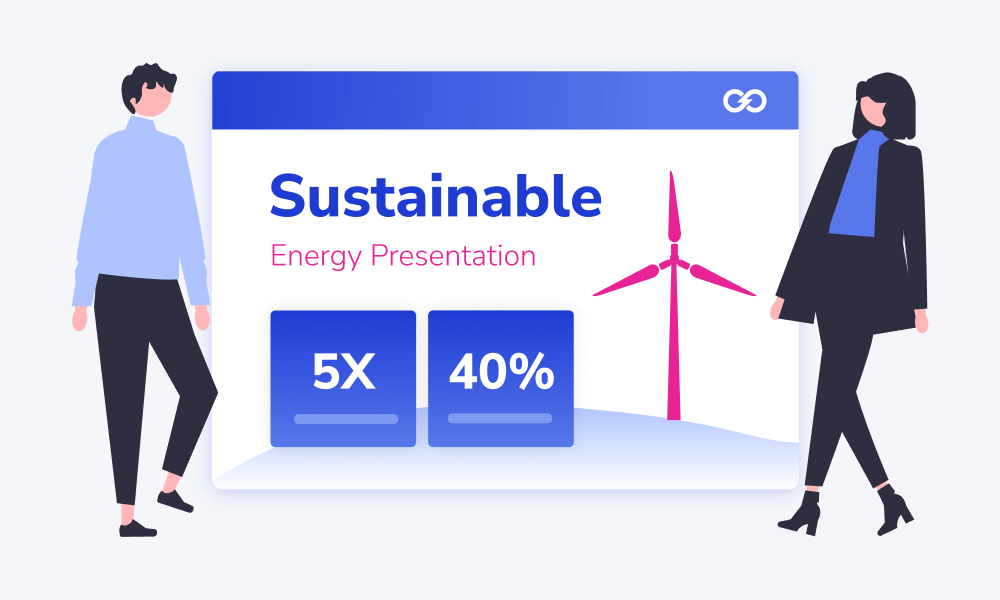 Illustration of sales presentation with two people watching a presentation about sustainable energy